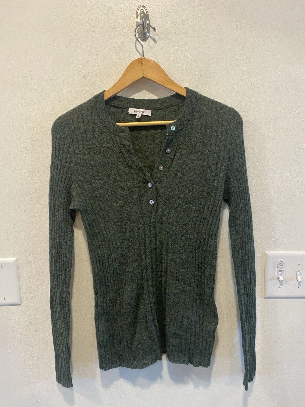 Madewell Womens Alpaca Knit Henley Sweater Size Medium Green Ribbed Knit Earthy